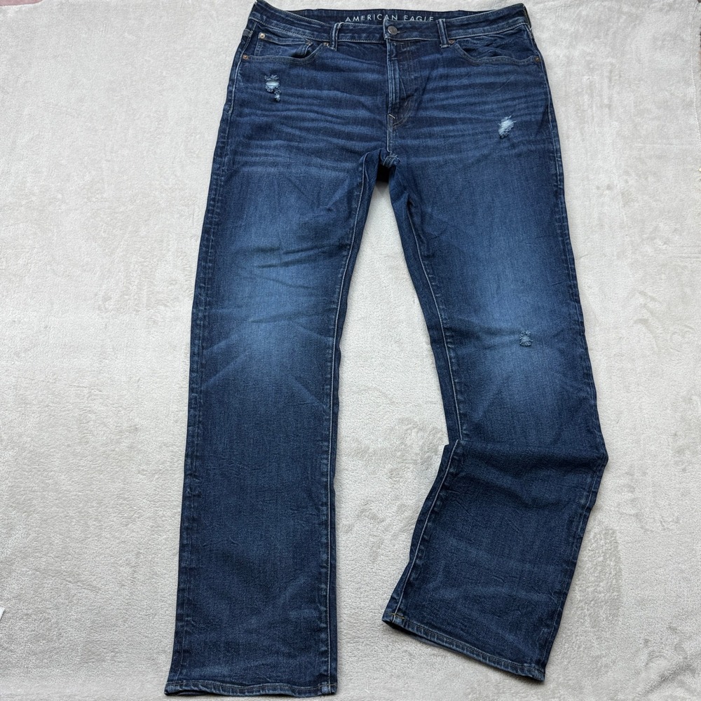 American Eagle Relaxed Straight Jeans Mens 38x36 Blue Dark Wash Distressed Denim